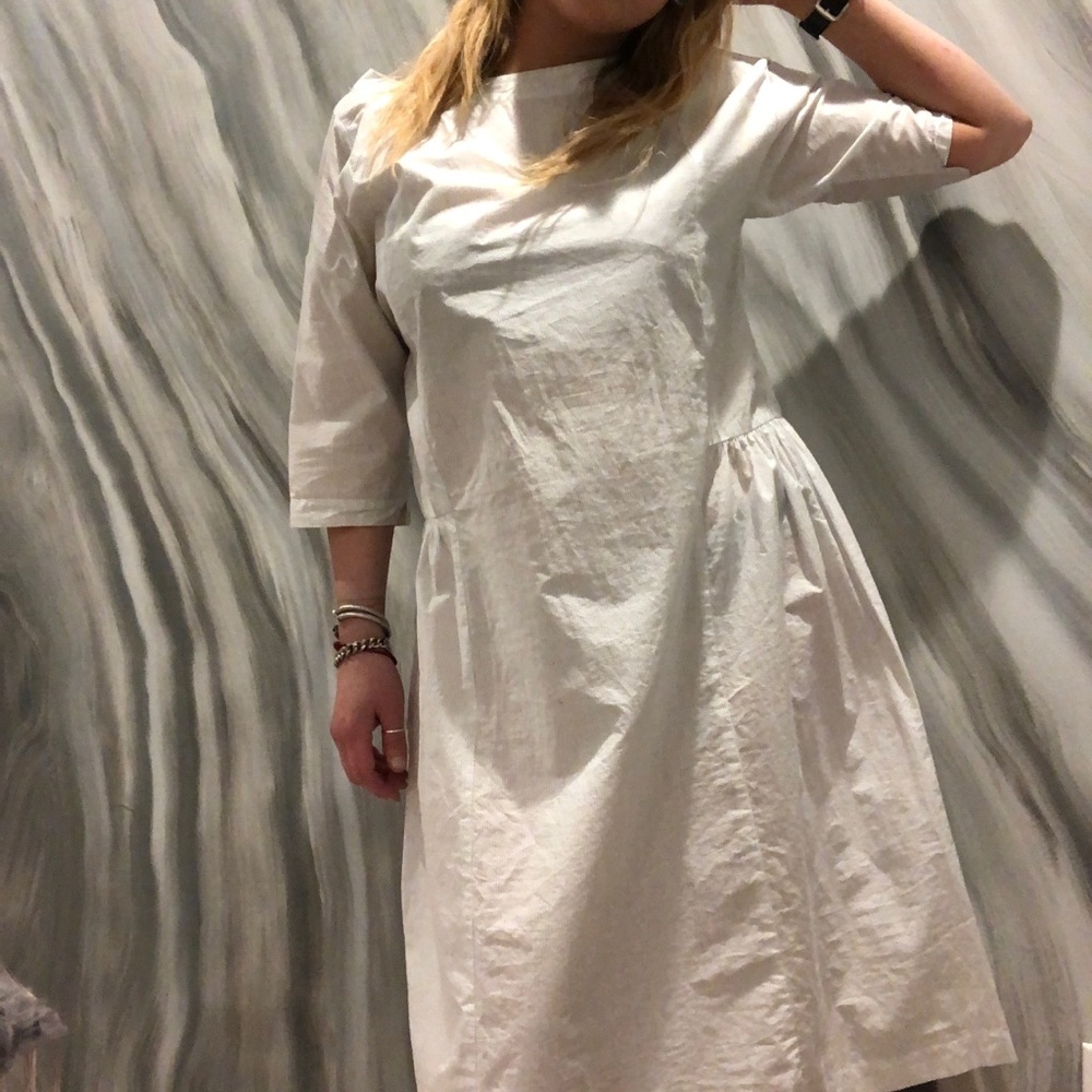 Oversized structured white pin striped midi dress